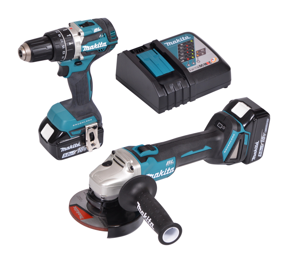 Ensemble de 2 outils 18V Makita (DGA506Z/DHP484Z) - 2 batteries 5Ah - chargeur - coffrets MAKPAC