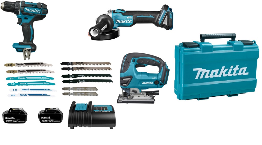 Ensemble de 3 outils 18V LXT Makita LOT0337 (DDF482SFE/DJV180ZX/DGA504Z) - 2 batteries 3Ah - chargeur - coffret synthétique