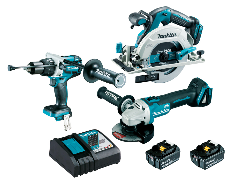 Ensemble de 3 outils 18V Makita (DHP481/DGA506/DHS680Z) - 2 batteries 5Ah - chargeur - coffret MAKPAC