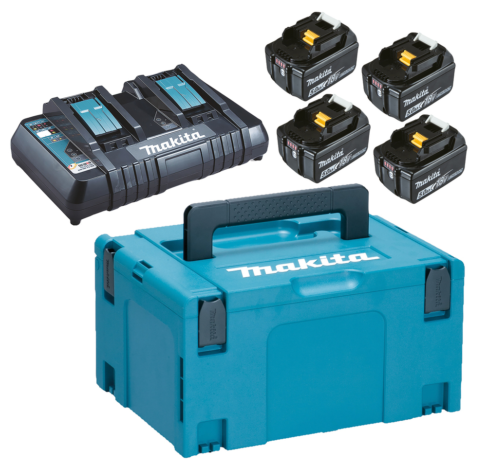 Pack Energie 18V Makita (4 batteries 5Ah BL1850B / chargeur double DC18RD) - coffret MAKPAC