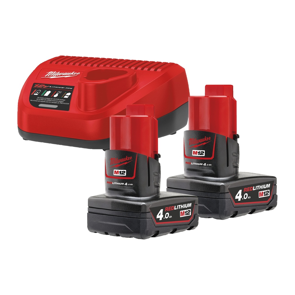 M12 NRG-402 - Pack NRJ 12V, 4Ah Red Lithium, système M12  - Carton, 2 batteries M12 B4, 1 chargeur C12C
