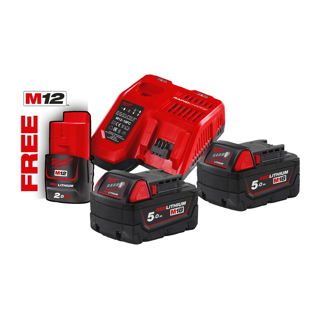 M18 NRG-502 - Pack NRJ 18V, 5,0 Ah  Red Lithium, système M18 + OFFERT 1 Batterie M12 2,0 Ah - 2 batteries Red Lihitum 18V 5Ah, chargeur rapide M12-18FC, Carton + 1 batterie 12V M12 2,0Ah