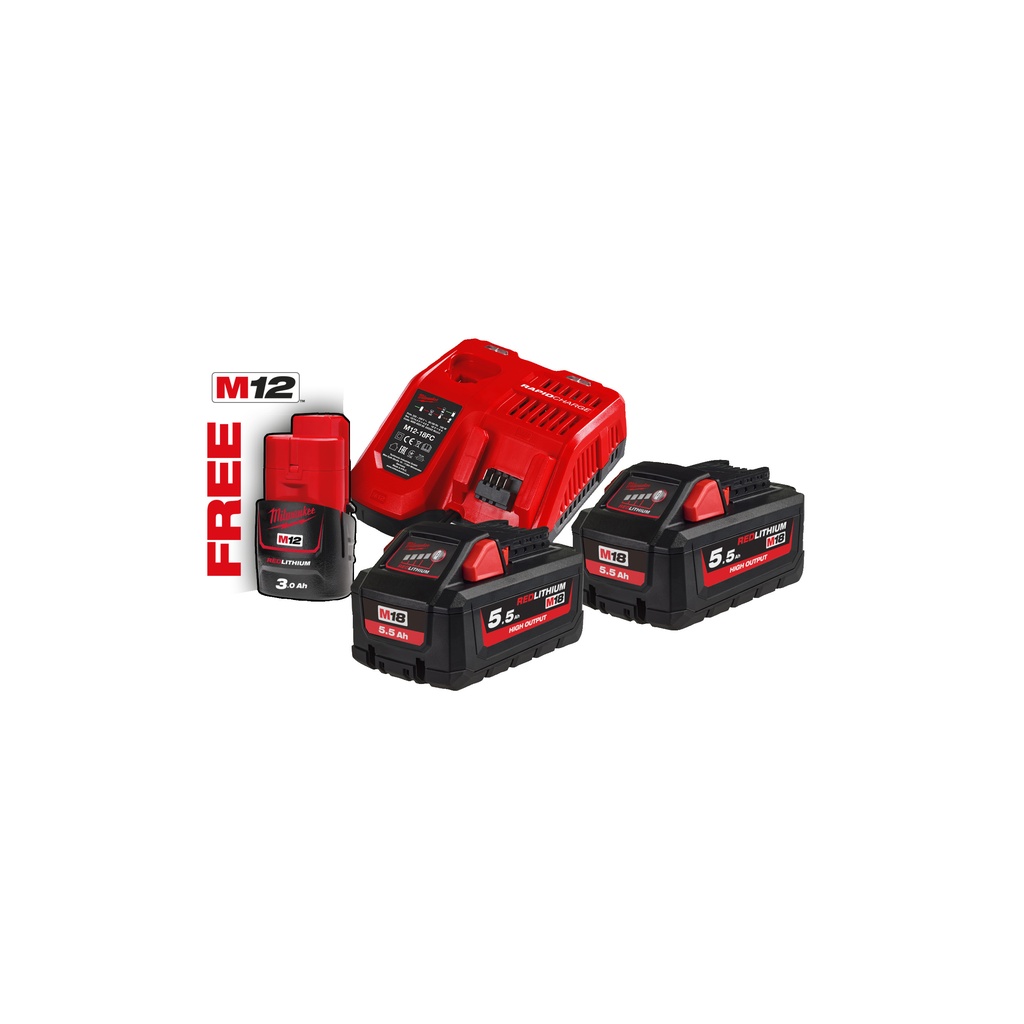 M18 HNRG-552 - Pack NRJ 18V, 5,5 Ah HIGH-OUTPUT Red Li-ion, système M18  - 2 batteries Red Lithium 18V 5,5Ah, chargeur M12-18FC