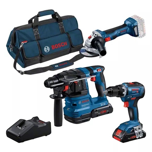 [BOS0615A50035] Ensemble de 3 outils 18V Bosch (GSR 18V-55/GBH 18V-22/GWS 18V-7) - 2 batteries 4Ah - chargeur - sac de transport