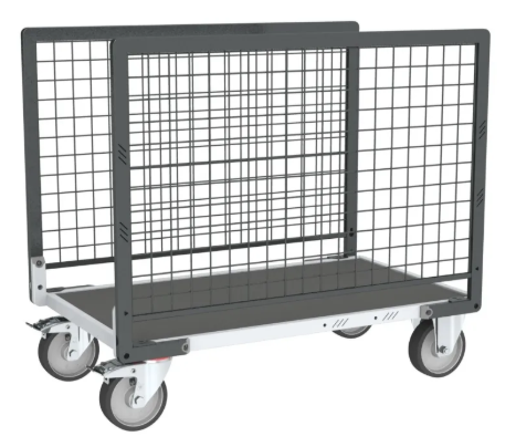[FIM806724663] Chariots modulaires grillagé 2 ridelles, plateau bois avec tapis caoutchouc 500 kg