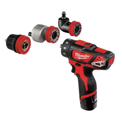 [MIL4933447836] M12 BDDXKIT202C - Perceuse visseuse à mandrin amovible 12V, 2Ah - Coffret 2 batteries 12V 2Ah Red Li-Ion, 1 mandrin, 1 renvoi d'angle, 1 déporté, chargeur C12C