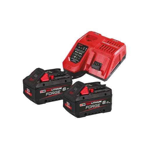 [MIL4933498612] M18 FORGENRG-802 - Pack NRG 18V, 8.0 AH FORGE Red Li-ion, système M18 - 2 batteries FORGE 8.0 Ah, 1 chargeur rapide M12-18FC, Carton